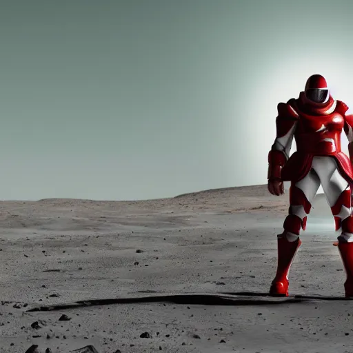 Image similar to tall muscular infantry man in glossy sleek white armor with a few red details and a long red cape, heroic posture, on the surface of mars, night time, dramatic lighting, cinematic, sci-fi, hyperrealistic, movie still