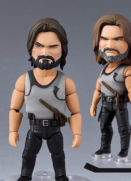 Image similar to kurt russell, a nendoroid of kurt russell is snake plisskin figurine, black tank top, grey pants, escape from new york, realistic face, detailed product photo