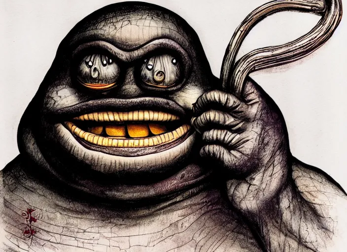 Image similar to a high quality illustration of grimace from mcdonalds by HR Giger, ink pen manga , 8k.