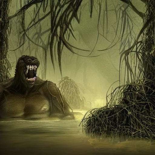 Image similar to A photograph of a giant monster lurking in the swamp, crocodile, mangrove swamp, murky water, vines, gorilla, trending on artstation