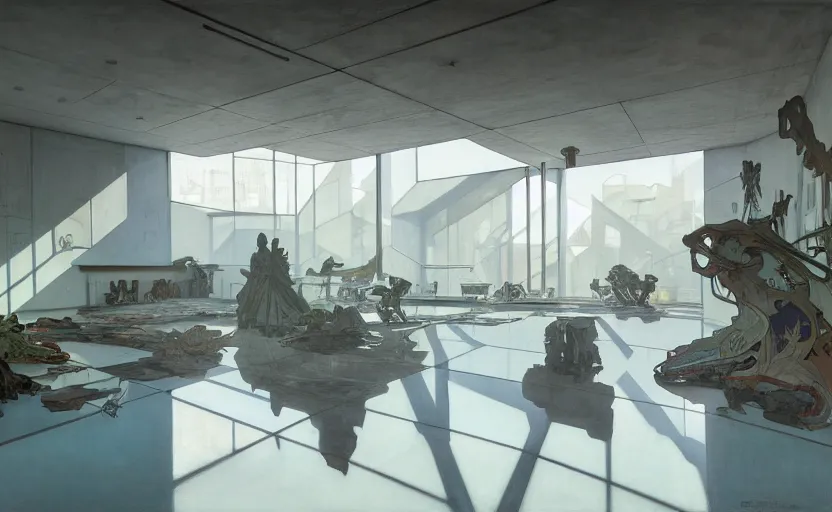 Image similar to painting of a wide angle interior shot of a white concerete brutalist museum with modern contemporary art on the wall with glossy floor by darek zabrocki and greg ruthkowski, alphonse mucha, simon stalenhag and cinematic and blue cold atmospheric, archillect concept art, artstation, trending on artstation