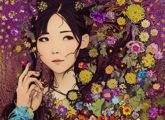 Image similar to !!! very coherent!!! oil painting, beautiful floralpunk iban bio mechanical portrait girl female illustration detailed patterns art of sarawak traditional dress, flower pop art, floral splash painting, art by ashley wood, alphonse mucha, makoto shinkai, geof darrow, dark shadow