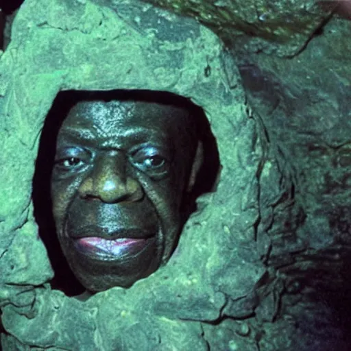 Prompt: photo inside a cavern of a wet reptilian humanoid sun ra partially hidden behind a rock, with black eyes, open mouth and big teeth