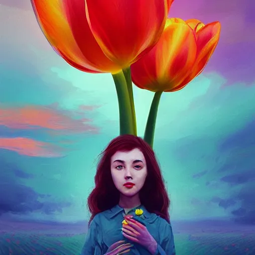 Image similar to girl with a giant tulip head, surreal photography, flower field, sunset dramatic light, impressionist painting, colorful clouds, blue sky, digital painting, artstation, simon stalenhag