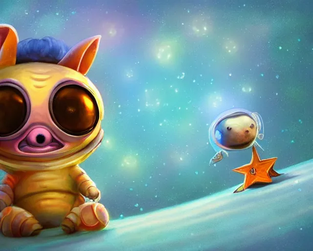 Image similar to 3D Fantasy Cute and adorable small alien piggy in space, huge adorable eyes, bright stars, Smooth 3D Illustration, soft render, Servando Lupini, Daniil Kudriavtsev, handpaint texture, Blender, 3DCoat