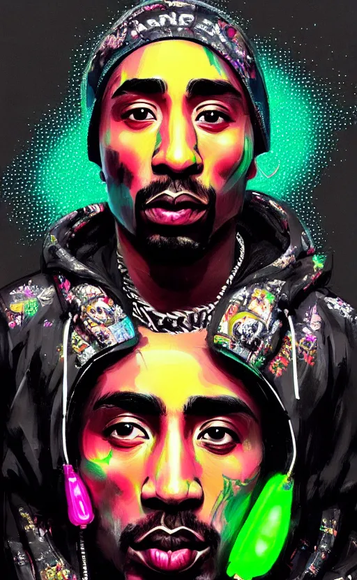 Image similar to detailed Tupac Shakur portrait Neon Operator, cyberpunk futuristic neon, reflective puffy coat, decorated with traditional Japanese ornaments by Ismail inceoglu dragan bibin hans thoma !dream detailed portrait Neon Operator Girl, cyberpunk futuristic neon, reflective puffy coat, decorated with traditional Japanese ornaments by Ismail inceoglu dragan bibin hans thoma greg rutkowski Alexandros Pyromallis Nekro Rene Maritte Illustrated, Perfect face, fine details, realistic shaded, fine-face, pretty face
