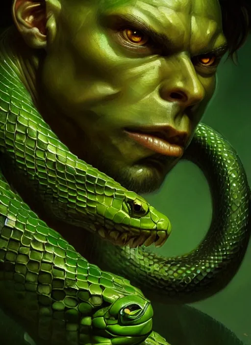 Image similar to portrait of aggressive snake humanoid, d & d, muscular!, green, fantasy, intricate, elegant, highly detailed, digital painting, artstation, concept art, smooth, sharp focus, illustration, art by artgerm and greg rutkowski and alphonse mucha