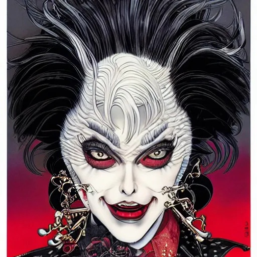 Prompt: portrait closeup of crazy cruella de vil, symmetrical, by yoichi hatakenaka, masamune shirow, josan gonzales and dan mumford, ayami kojima, takato yamamoto, barclay shaw, karol bak, yukito kishiro