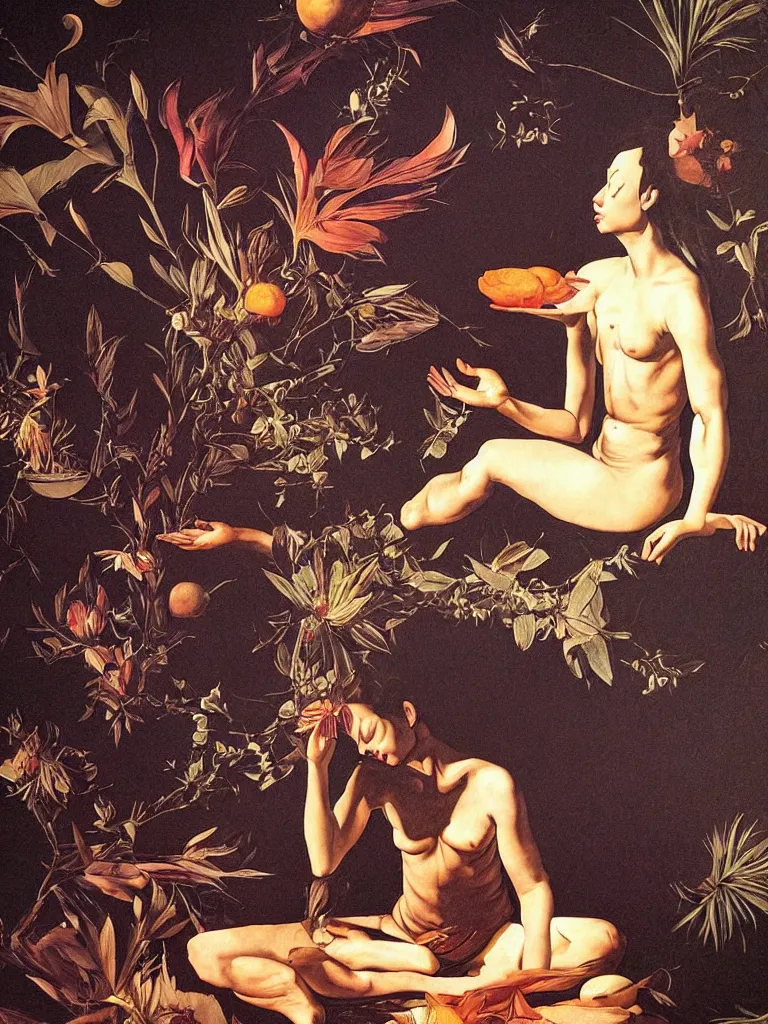 Prompt: hyperrealistic still life painting of a serene dmt goddess meditating, spirits coming out of his mind, by Caravaggio, botanical print, surrealism