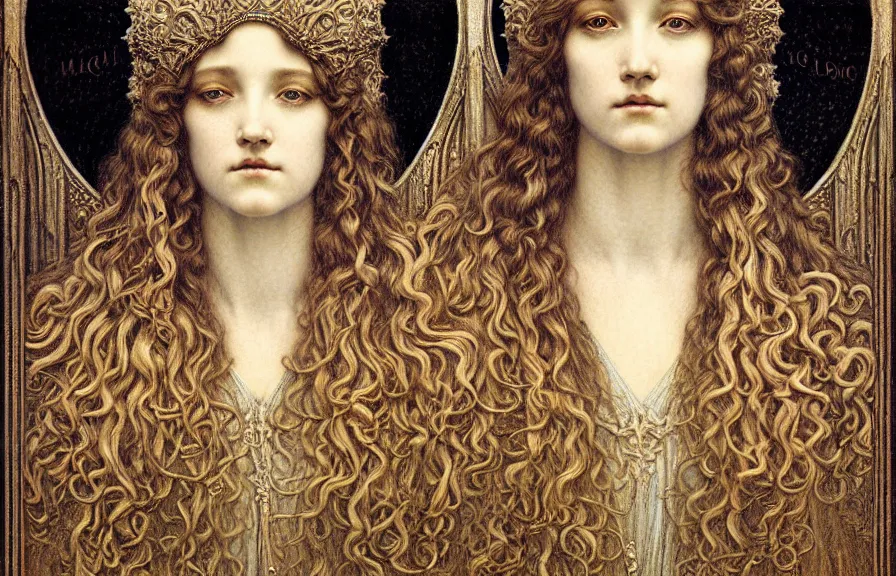 Image similar to detailed realistic beautiful young medieval queen face portrait by jean delville, gustave dore and marco mazzoni, art nouveau, symbolist, visionary, gothic, pre - raphaelite. horizontal symmetry