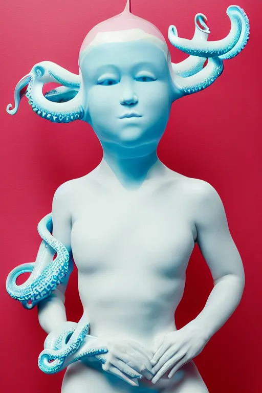 Prompt: full head and shoulders, beautiful porcelain female person, smooth, delicate facial features, big detailed eyes, white lashes, wearing a pale blue swimming cap and pale pink swimming costume, 3 d white large octopus tentacles, standing in a pastel soviet swimming pool, by daniel arsham and james jean