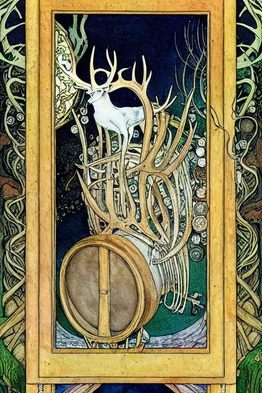 Image similar to a frothy wooden tankard of ale in the center of a frame made of antlers and coins, art by kay nielsen and walter crane, illustration style, watercolor