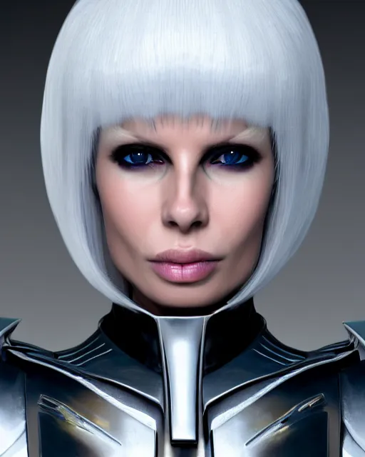 Image similar to perfect white haired attractive egyptian goddess, warframe armor, beautiful, symmetric, dreamy, half asian, pretty face, blue eyes, joanna lumley, detailed, scifi platform, laboratory, experiment, 4 k, ultra realistic, epic lighting, android body, illuminated, cinematic, masterpiece, art by akihito tsukushi, voidstar