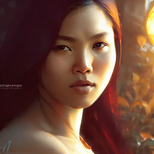 Prompt: a Filipina woman, portrait, highly detailed, digital painting, artstation, concept art, sharp focus, illustration, cinematic lighting, art by artgerm and greg rutkowski and alphonse mucha