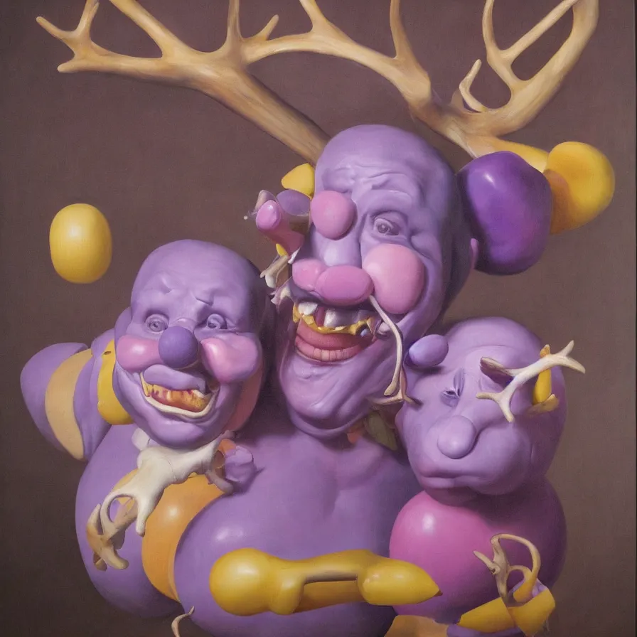 Prompt: rare hyper realistic portrait painting by italian masters, symmetrical composition, studio lighting, brightly lit purple room, a blue rubber duck with antlers laughing at a giant laughing white bear with a clown mask