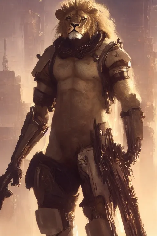 Image similar to portrait male anthro lion character full body precis no blur, concept art, character sheet, nier automata, gaston bussiere, greg rutkowski, tsutomu nihei, cyberpunk, trending on artstation, featured on pixiv, hyper detail, cinematic composition, 8 k