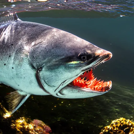 Image similar to photorealistic close up underwater image of an atlantic salmon just about to bite on a fishing fly