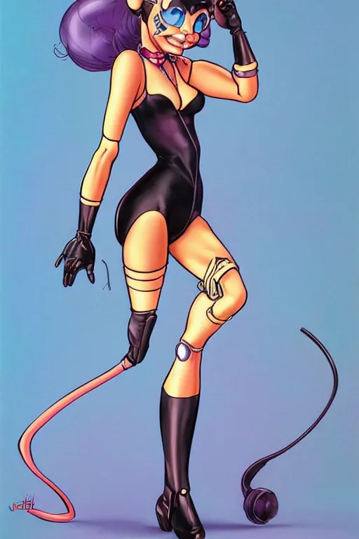 Image similar to a robotic 8 0 s cat - girl, female, in the style of don bluth, j. scott campbell, hajime sorayama full color digital painting, leotard and leg warmers, many small details, artstation trending, artgerm, deviantart featured