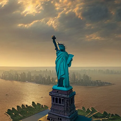 Prompt: highly detailed digital matte painting of a Statue of Liberty with baguette, Full shot. By Raphael LaCoste and Ruan Jia and Robert McCall, postcyberpunk, geodesic dome, hyperdetailed, sunrise, wide shot, autochrome, octane render