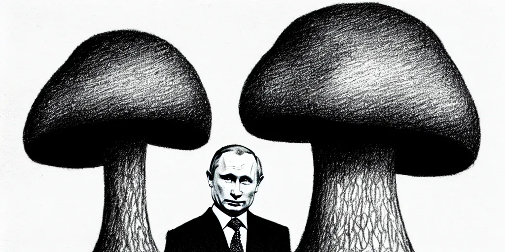 Image similar to vladimir putin with a nuclear mushroom cloud for a hat, cartoonish, ultra detailed pencil drawing, medium perspective