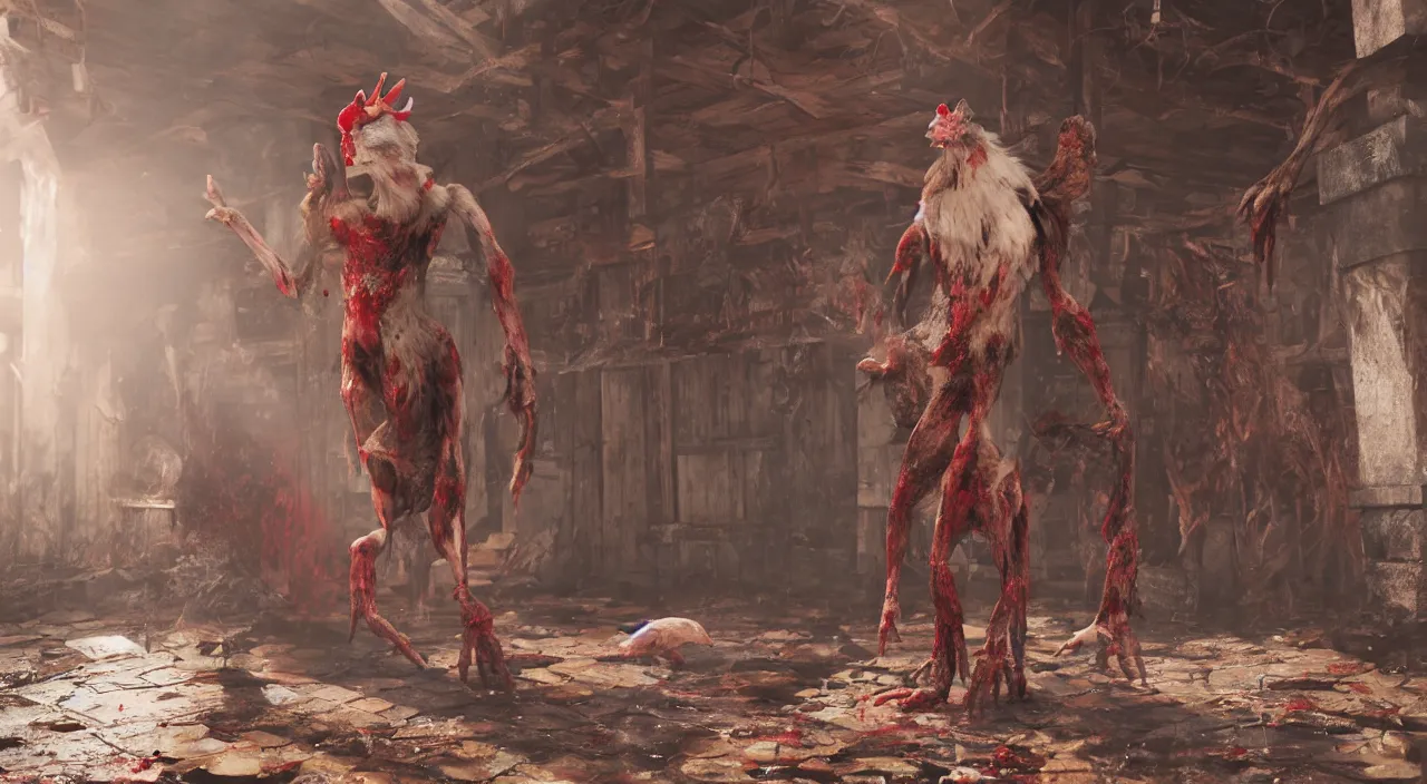 Image similar to a beast with a chicken - head and duck feet but a women's face, standing on a wooden porch over a puddle of blood blood. highly detailed octane render 8 k volumetric lighting painted by akira toriyama