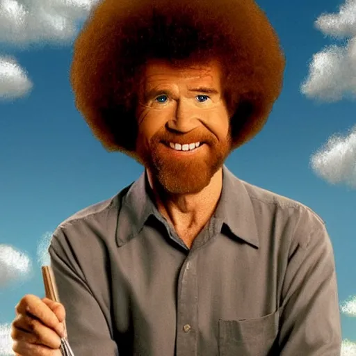 Image similar to bob ross with a really long neck and screaming at the sky