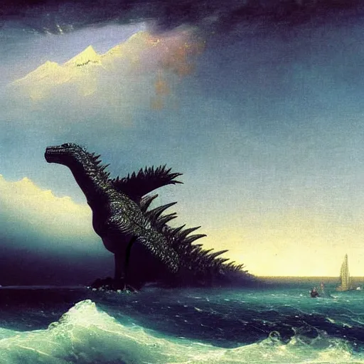 Prompt: godzilla on the coast painting by aivazovsky