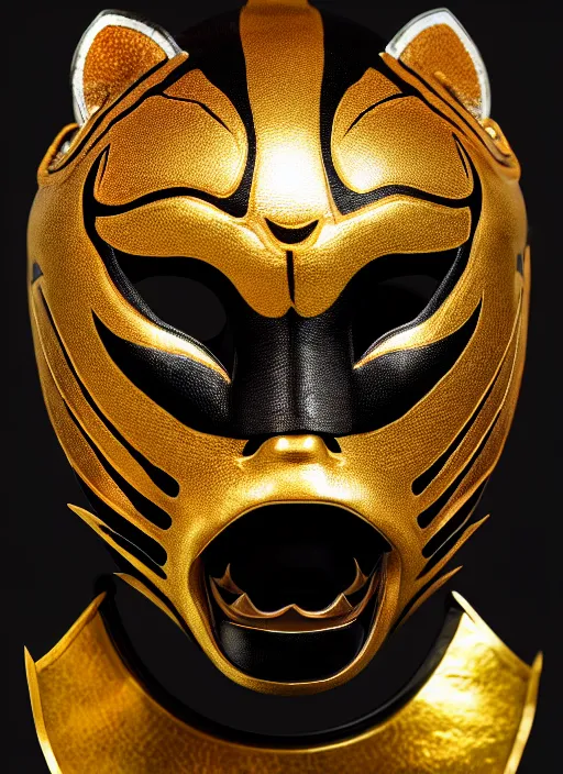 Prompt: samurai tiger mask, product photography, deep black background, fantasy, highly detailed, shimmering, wlop, concept art, digital art, symmetrical features, golden-ratio, canvas, Wangechi Mutu, artstation, rule of thirds