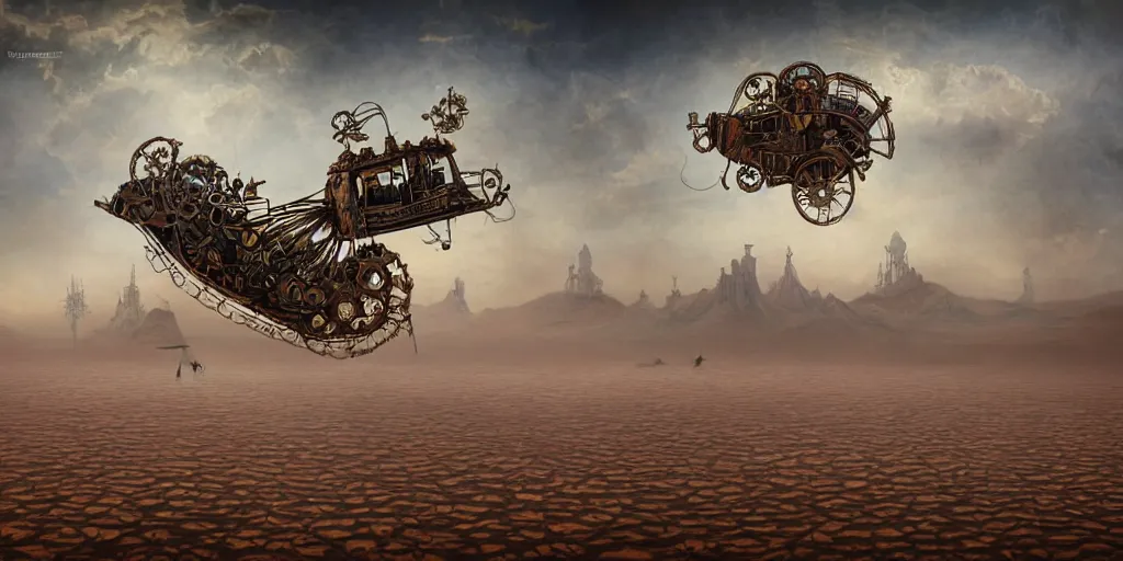 Image similar to steampunk zepellin floating above aral lake desert in the style of jaroslaw jasnikowski, dramatic lighting, colorfull, epic, photorealistic, perfectly centered, baroque style, steampunk, alexander mikhalchuk, jaroslaw jasnikowski, dariusz zawadzki, h. r. giger, trending on artstation