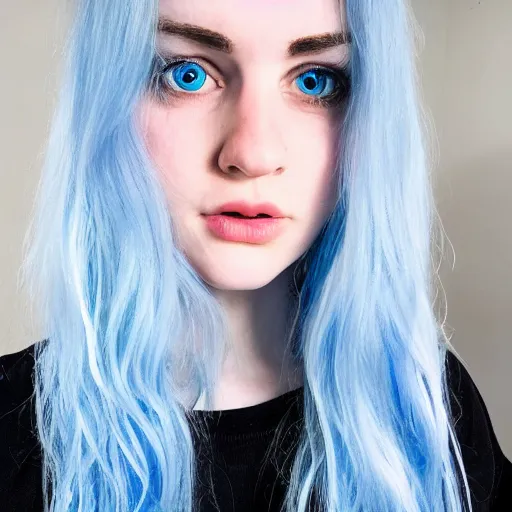 Image similar to a pale girl with piercing blue eyes and blue hair, soft facial features, looking directly at the camera, neutral expression, instagram picture