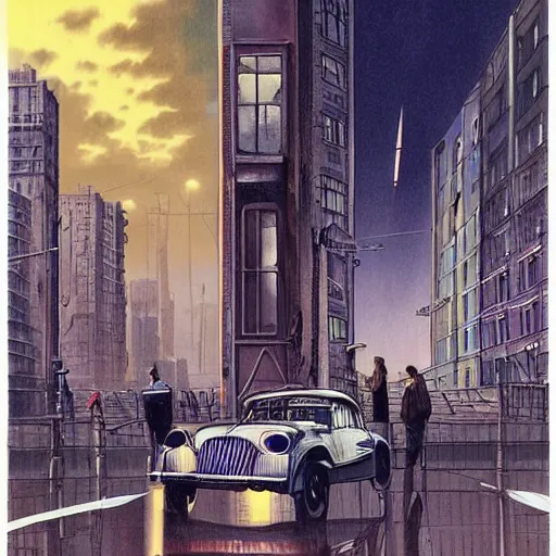 Prompt: a tall man standing next to a huge car in a street, urban city in the background, people walking in the distance, reflections on wet streets, dieselpunk style, steampunk, art by juan gimenez ; architecture by francois schuiten, skyscraper, beautiful illustration, drawing, painting, clean lines, digital art, symmetric, colorful retrofutur, artstation