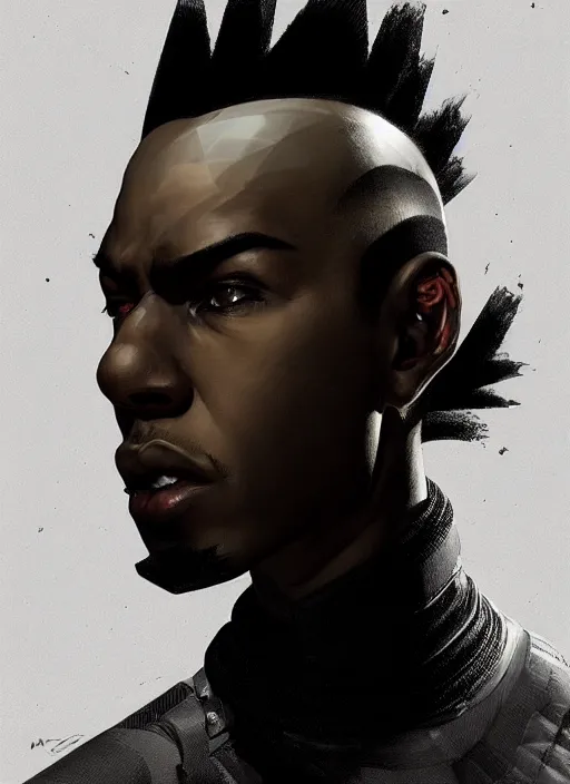 Image similar to portrait of a young black man with a mohawk and solid black irises, wearing futuristic techwear highly detailed, angular jawline, digital painting, artstation, concept art, smooth, sharp focus, illustration, art by wlop, uang guangjian and gil elvgren and sachin teng and greg rutkowski