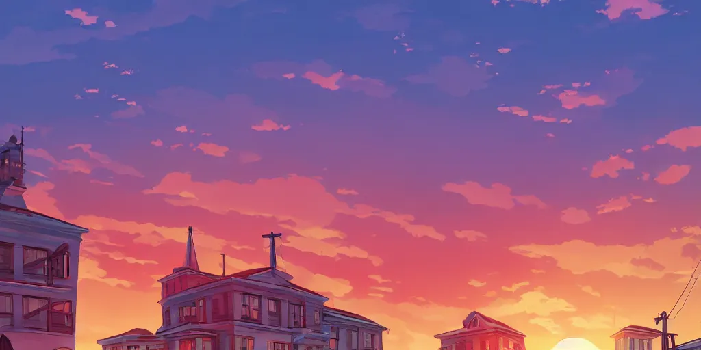 Image similar to a soviet city panel building house with sunset sky, ultra high quality, 4 k, by miyazaki and makoto shinkai, anime screenshot, colorful, artstation, pixiv,