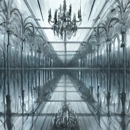 Image similar to a mirror room, full of mirrors, dark, beautiful Concept art in style of Alan Lee