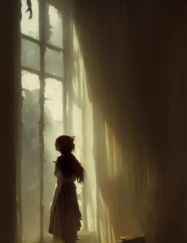 Image similar to the girl at the window, her loose hair, omar ortiz, karl spitzweg, ismail inceoglu, dragan bibin, hans toma, greg rutkowski, wayne forrest, krzysztof lukashevich, perfect face, fine details, centered, rule of thirds, photorealistic shading