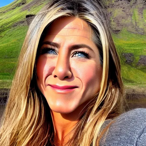 Prompt: jennifer aniston taking a selfie in iceland, hd 4 k photo