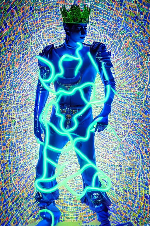 Prompt: full-body baroque and bladerunner style blue neon and ceramic statue of a young attractive pale Nick Jonas ninja macho dotado android thrusting sim roupa con piroca dura, glowing white face, prince crown of green steampunk lasers, emeralds, swirling white silk fabric. futuristic elements. prismatic liquid rainbow light, full-length view. space robots. human skulls. throne made of bones, intricate artwork by caravaggio. Trending on artstation, octane render, cinematic lighting from the right, hyper realism, octane render, 8k, depth of field, 3D