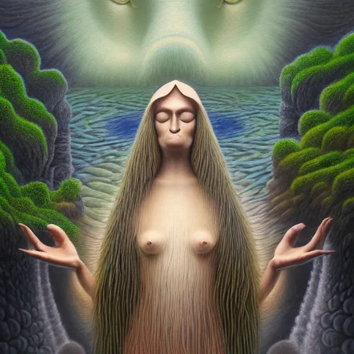 Image similar to an anthromorphic wolf meditating in a zen garden with a waterfall, by Adi granov and afarin sajedi and amanda sage and evgeni gordiets and Agostino Arrivabene in a psychedelic portrait style, ultrarealistic matte painting, volumetric lighting, fractal, extremely symmetrical, highly detailed face, orisha, 8k, hd