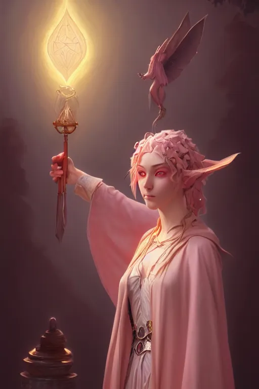 Prompt: a portrait of an Eladrin conjuring magic, light pink skin, illustration, soft lighting, soft details, painting oil on canvas by Edmund Blair Leighton and Charlie Bowater octane render trending on artstation d&d characters, 4k, 8k, HD
