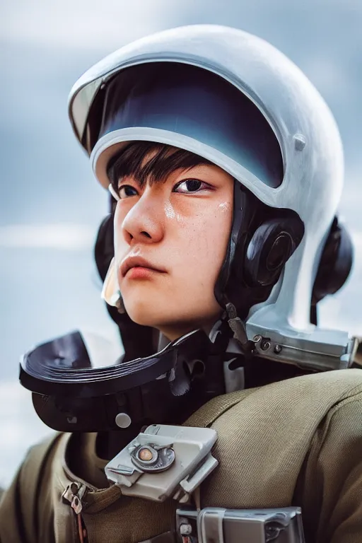 Image similar to Kodak portra 160, 8K, highly detailed, seinen manga 3/4 closeup portrait, eye contact, focus on anti-g flight suit, tilt shift background: famous french artist in moebius anime remake, aircraft carrier scene