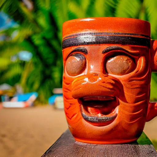 Image similar to a closeup photorealistic photograph of a glossy orange cat garfield style tiki mug sitting at a trader vic's beach bar featuring garfield's face. tiki theme. bright scene. fine detail. this 4 k hd image is trending on artstation, featured on behance, well - rendered, extra crisp, features intricate detail, epic composition and the style of unreal engine.