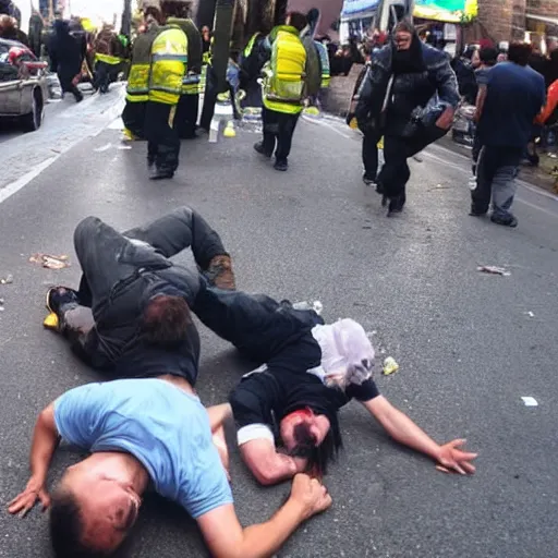 Image similar to 3 drunks fall over in the street