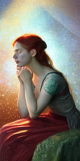 Prompt: an amazed young woman looking at golden firefly lights in a mesmerizing scene, sitting amidst nature fully covered, intricate detailed dress, long loose red hair, precise linework, accurate green eyes, small nose with freckles, smooth oval head, empathic, expressive emotions, hyper realistic ultrafine portrait by artemisia gentileschi, jessica rossier, artgerm