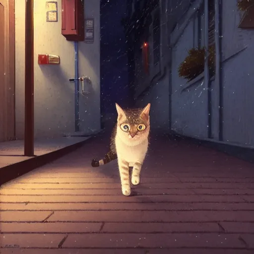 Prompt: a sleek tabby cat walking down an alleyway, detailed face, adventure, nightfall. Quiet, serene, calm night. Over shoulder shot, cat is the focus. Digital illustration, very vibrant colors, soft lighting, atmospheric lighting, 8K, octane render. By Makoto Shinkai, Stanley Artgerm Lau, WLOP, Rossdraws, warrior cats fan art, James Jean, Andrei Riabovitchev, Marc Simonetti, krenz cushart, Sakimichan, D&D trending on ArtStation, digital art.