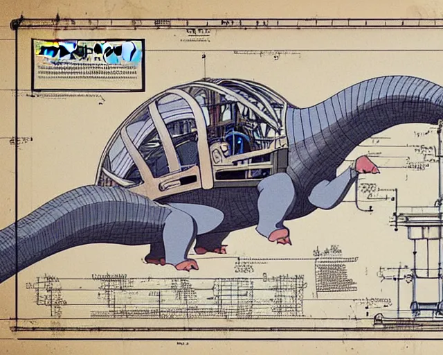 Image similar to a full page of a mechanical blueprint showing a cutaway design for a mechanized brontosaurus from howl's moving castle ( 2 0 0 4 ), with a big head, muted colors, post grunge, studio ghibli, hq,