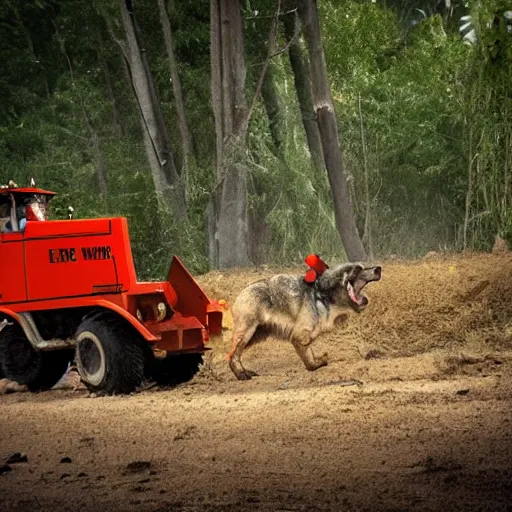 Image similar to a preacher with short cropped hair and a widows peak driving a small red bulldozer through the jungle while a wolfman runs along beside him