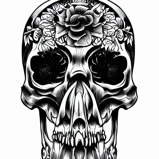 Prompt: highly detailed skull, Japanese style, tattoo ink sketch, isolated on white background