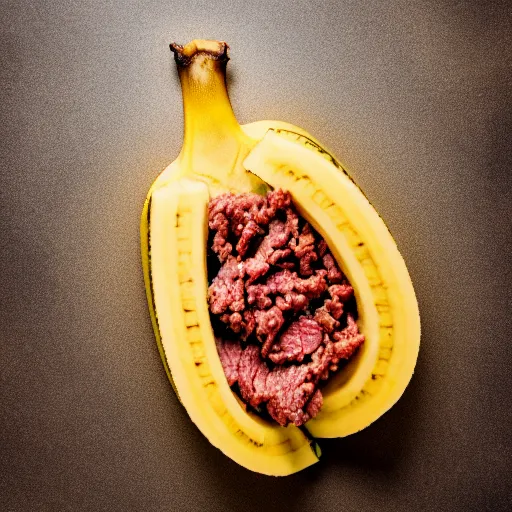 Image similar to a stock photo of ground beef inside a banana peel, product photography, low aperature, award winning