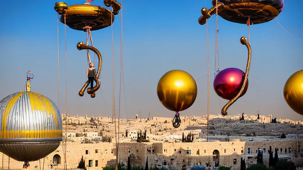 Image similar to large colorful futuristic space age metallic steampunk balloons with pipework and electrical wiring around the outside, and people on rope swings underneath, flying high over the beautiful jerusalem city landscape, professional photography, 8 0 mm telephoto lens, realistic, detailed, photorealistic, photojournalism