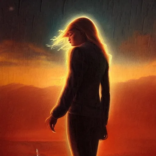 Image similar to silhouette of Elle Fanning in the world of Bruce Pennington, stormy weather, extremely detailed masterpiece, oil on canvas, low-key neon lighting, artstation, Blade Runner 2049, Roger Deakin’s cinematography, by J. C. Leyendecker and Peter Paul Rubens,